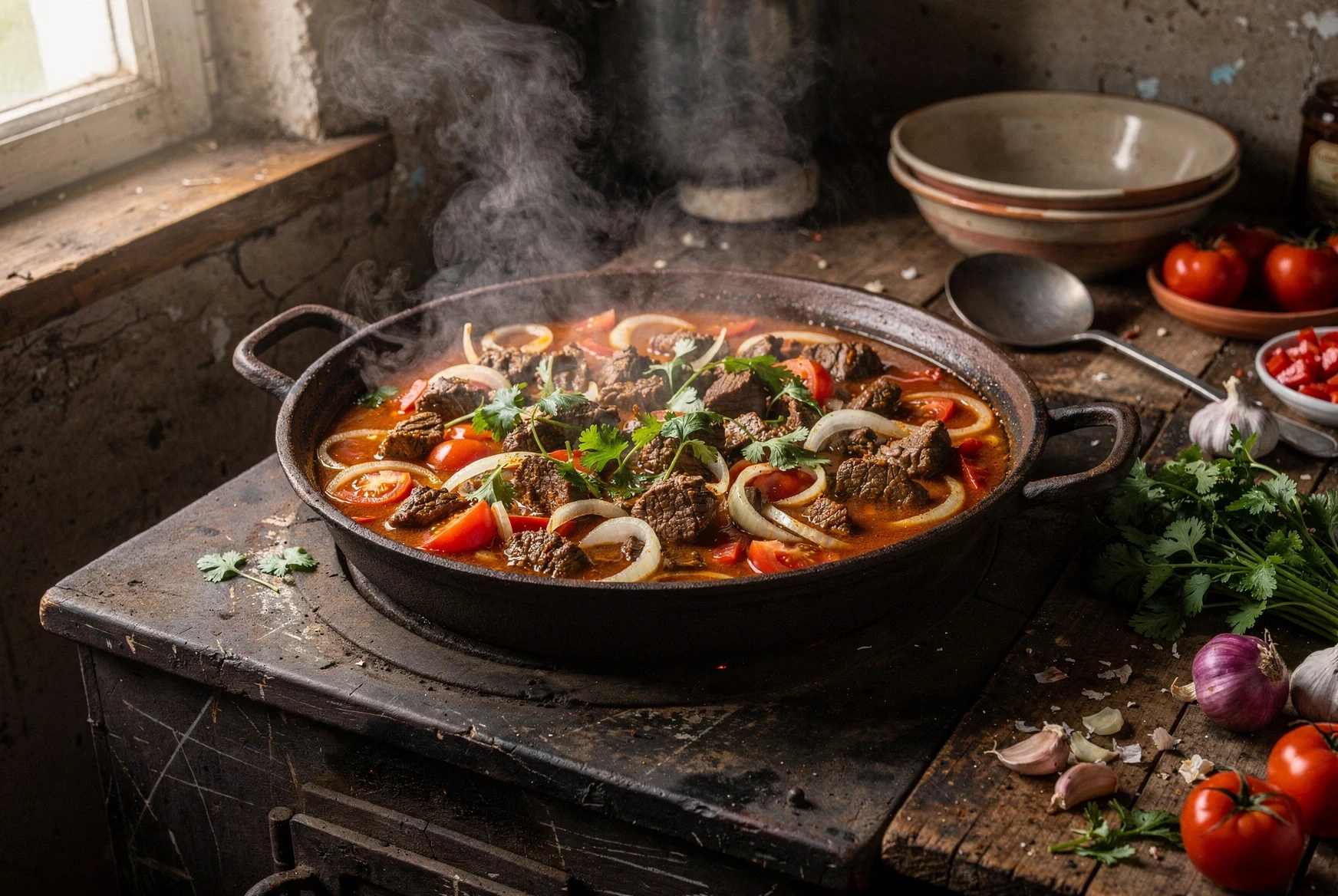 Georgian ostri cooking in a skillet with tomato sauce and herbs