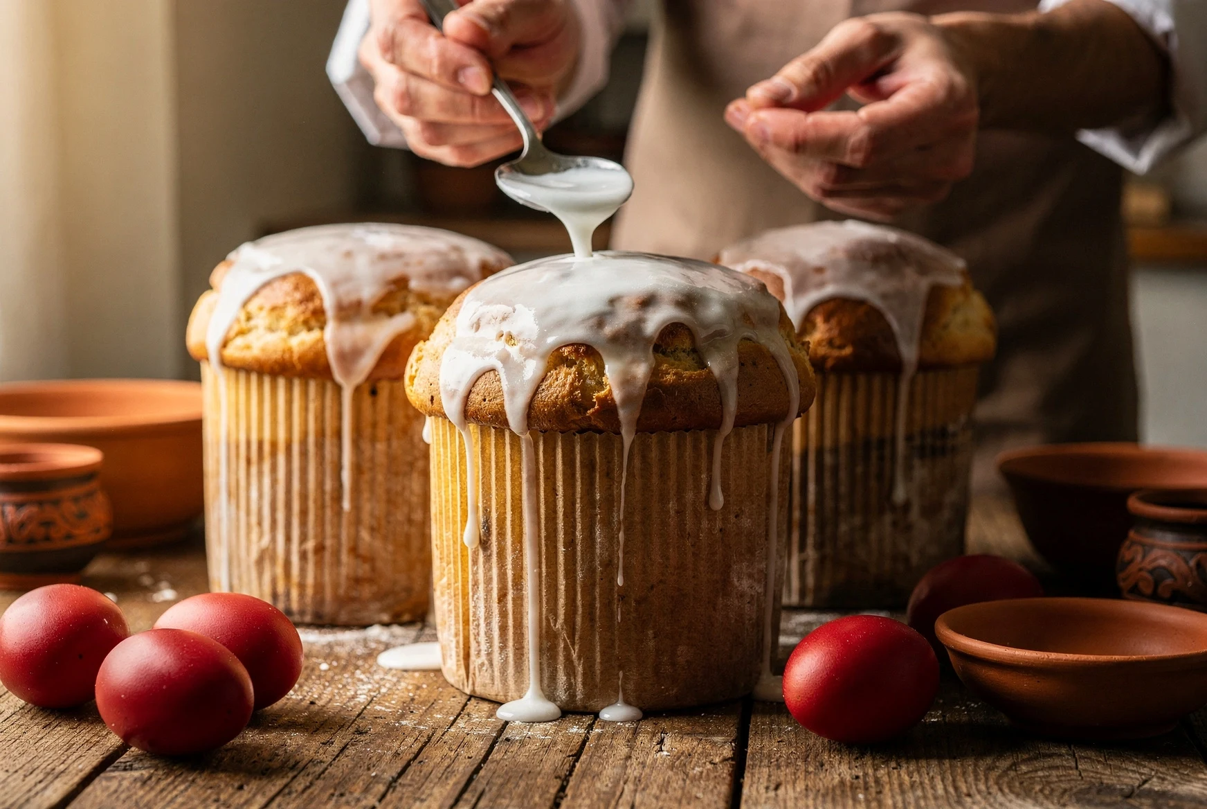 Fresh paska loaves being glazed with white icing