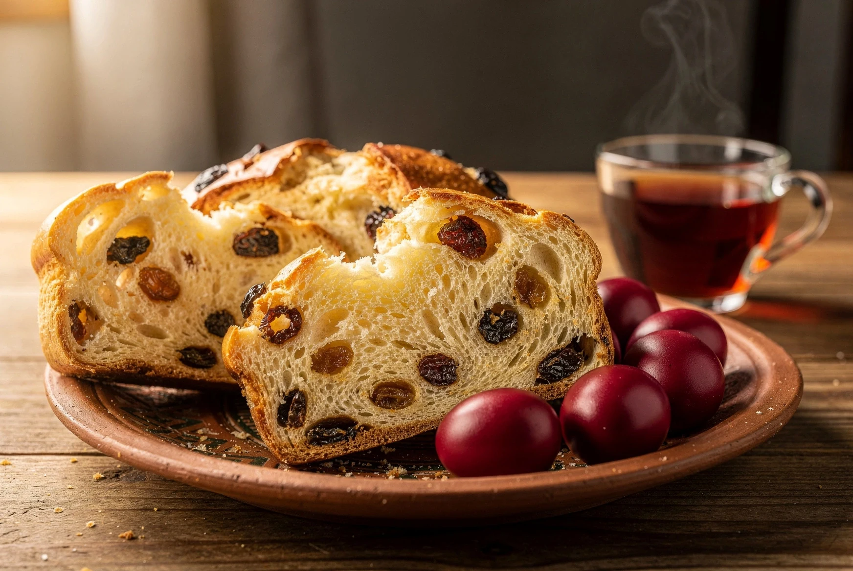 Slice of Georgian paska with tea and red dyed eggs