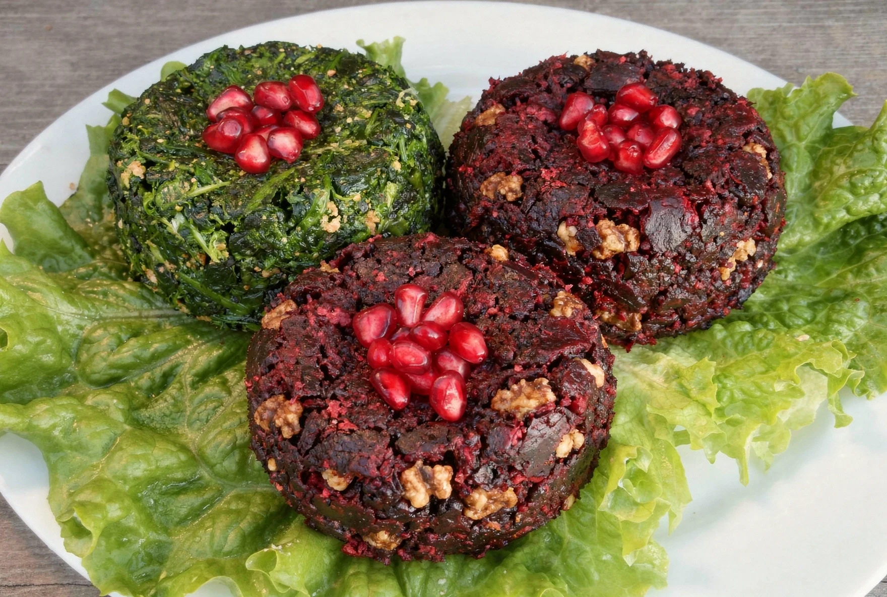 Georgian pkhali, colorful vegetable-walnut patties topped with pomegranate seeds