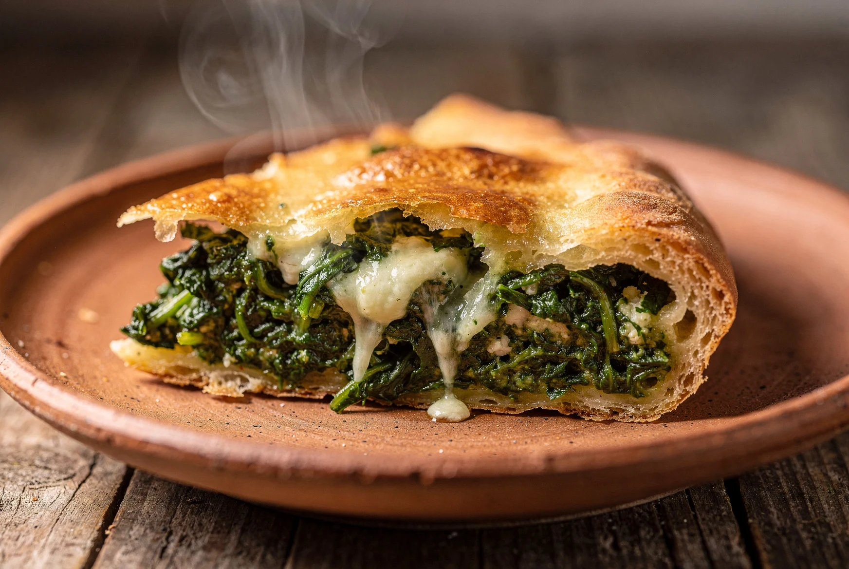 Close-up cross section of pkhlovani showing spinach and melted cheese filling inside thin golden bread