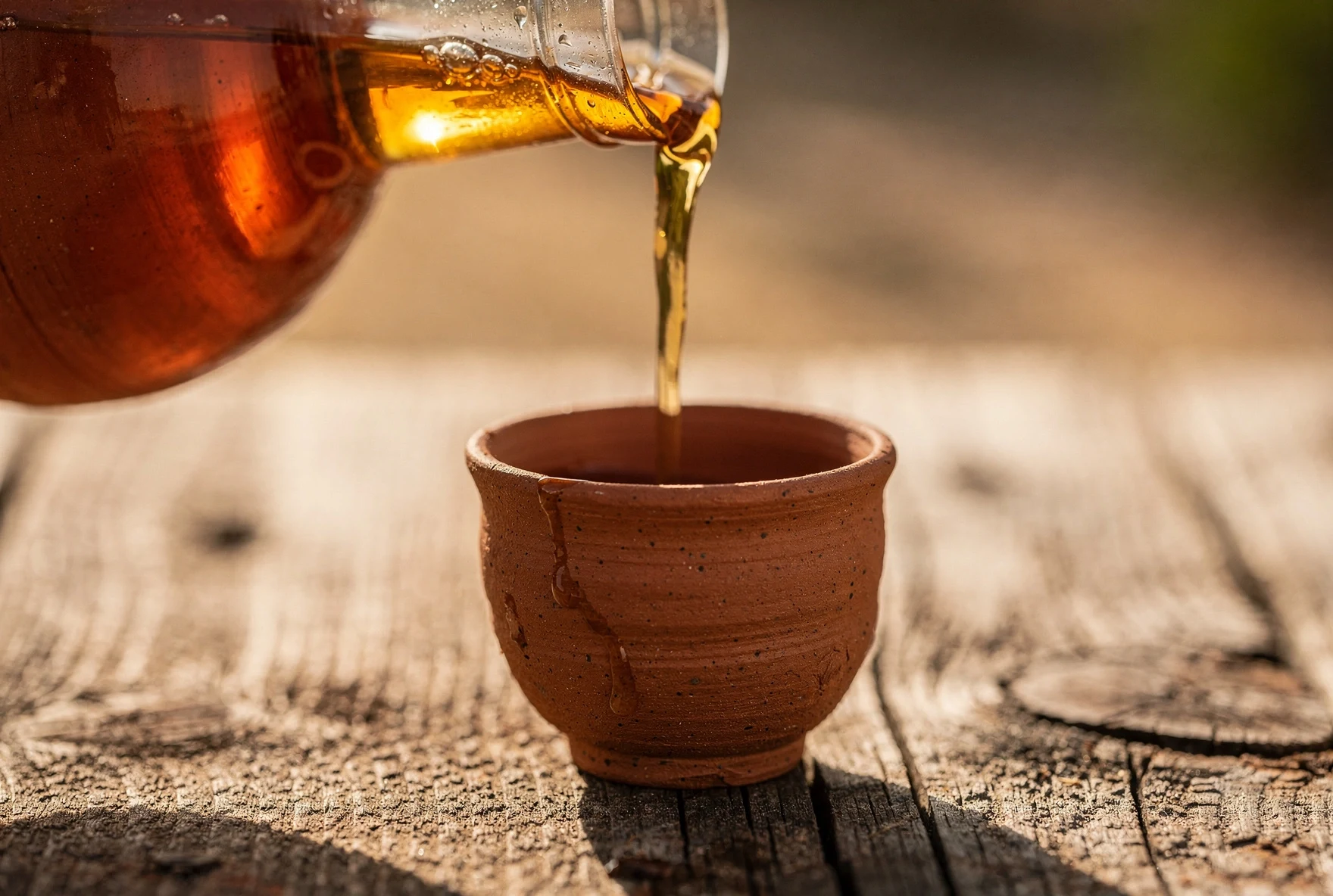 Amber wine being poured from a traditional Georgian ceramic jug into a clay cup