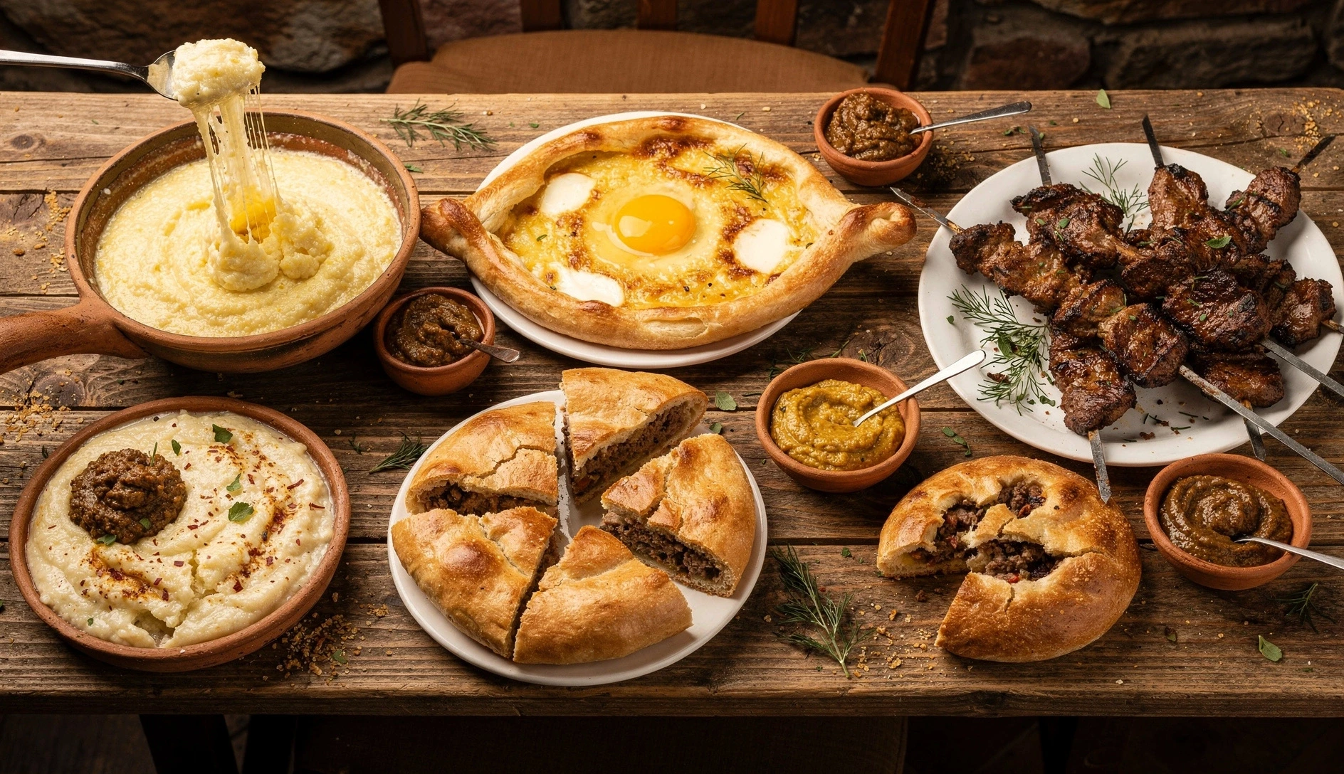 Overhead shot of Georgian regional dishes including elarji, khachapuri, kubdari, and mtsvadi on a wooden table