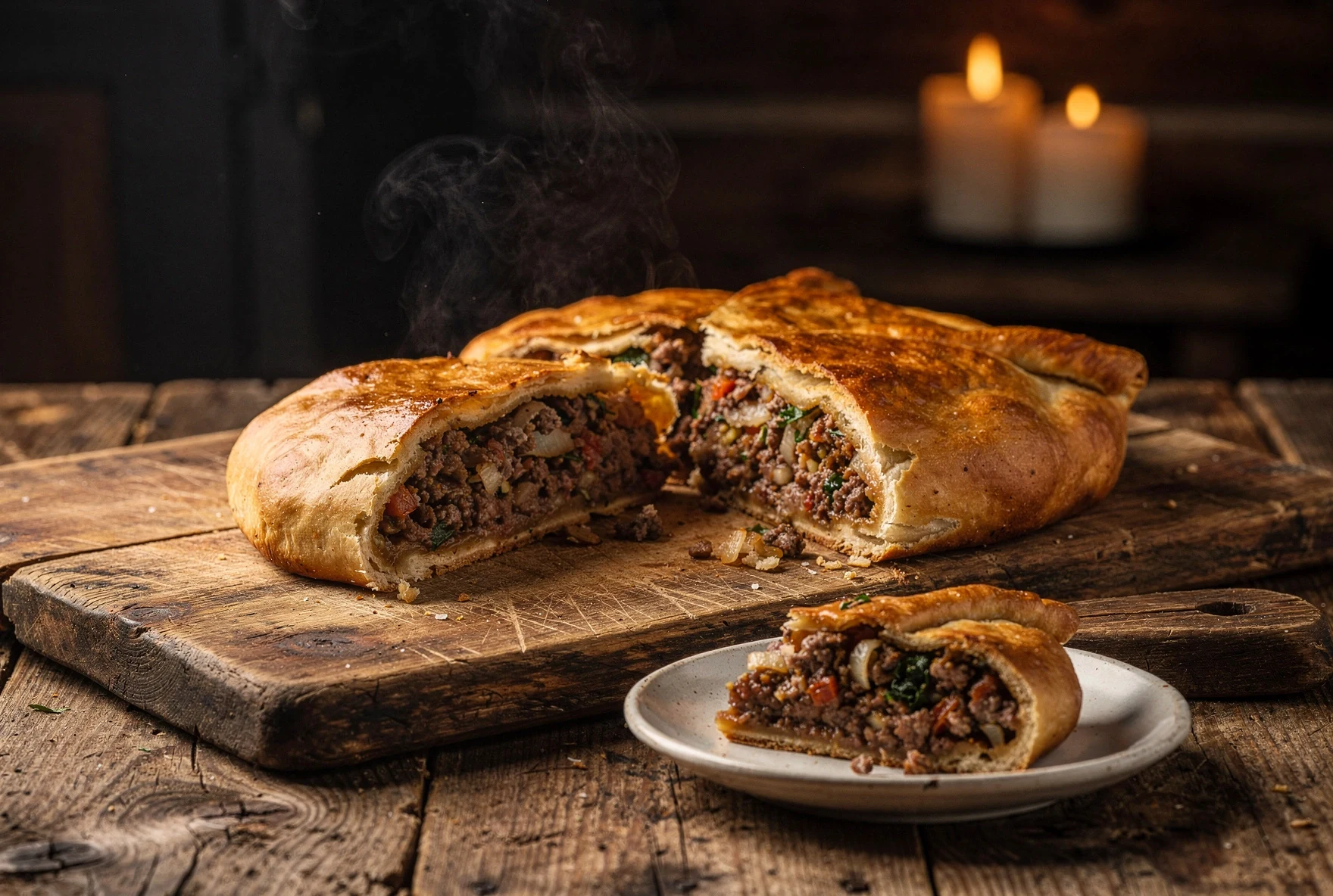 Kubdari meat pie sliced open showing spiced meat filling