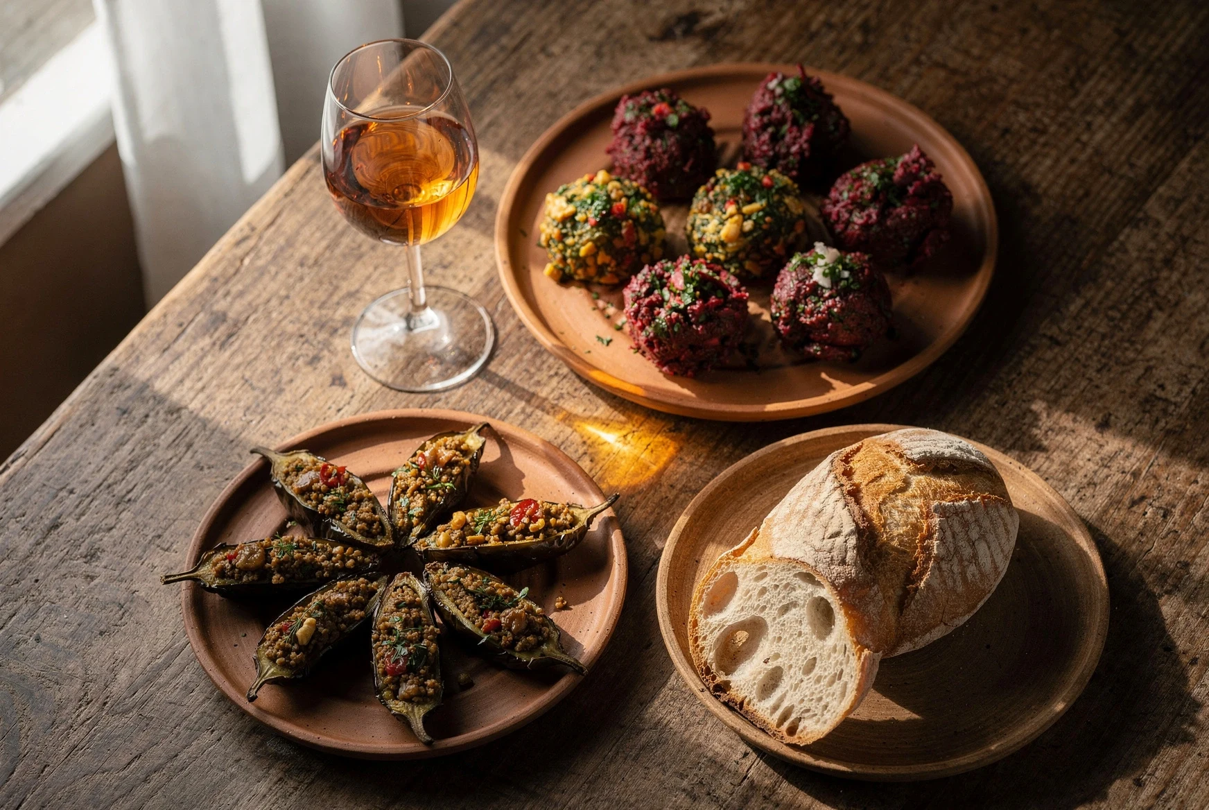 Amber Rkatsiteli wine served on a Georgian table with pkhali, badrijani nigvzit, and bread