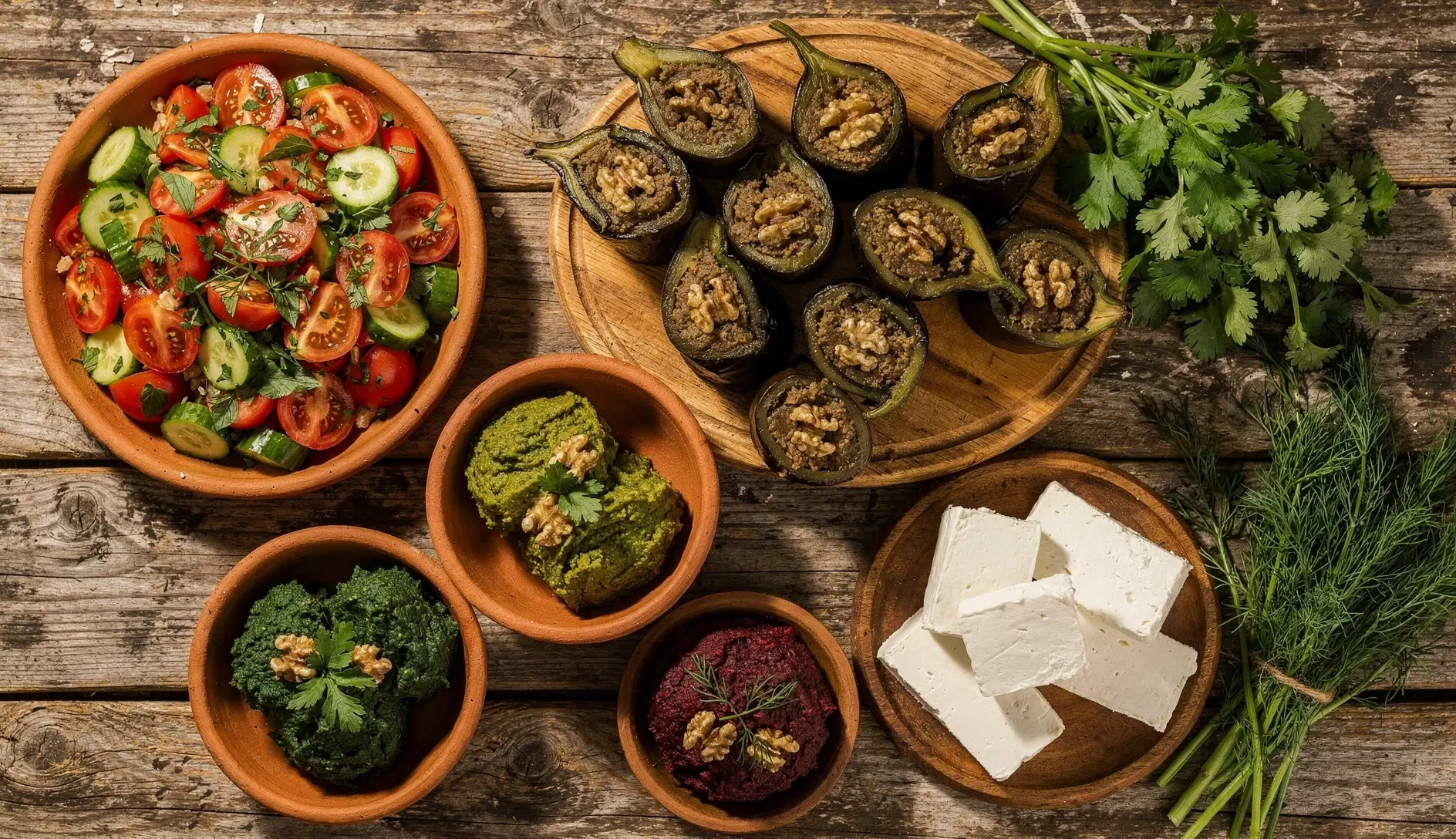 Overhead spread of Georgian cold appetizers including tomato cucumber salad, eggplant rolls, and pkhali varieties on rustic wooden table