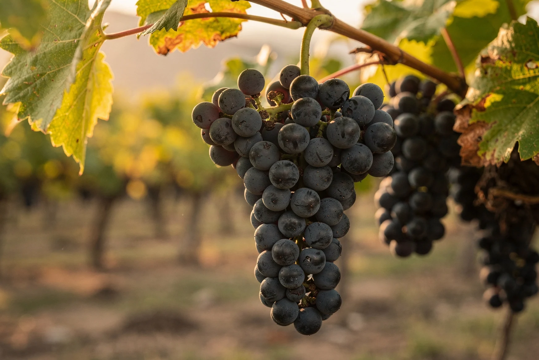 Ripe Saperavi grapes growing in a Kakheti vineyard
