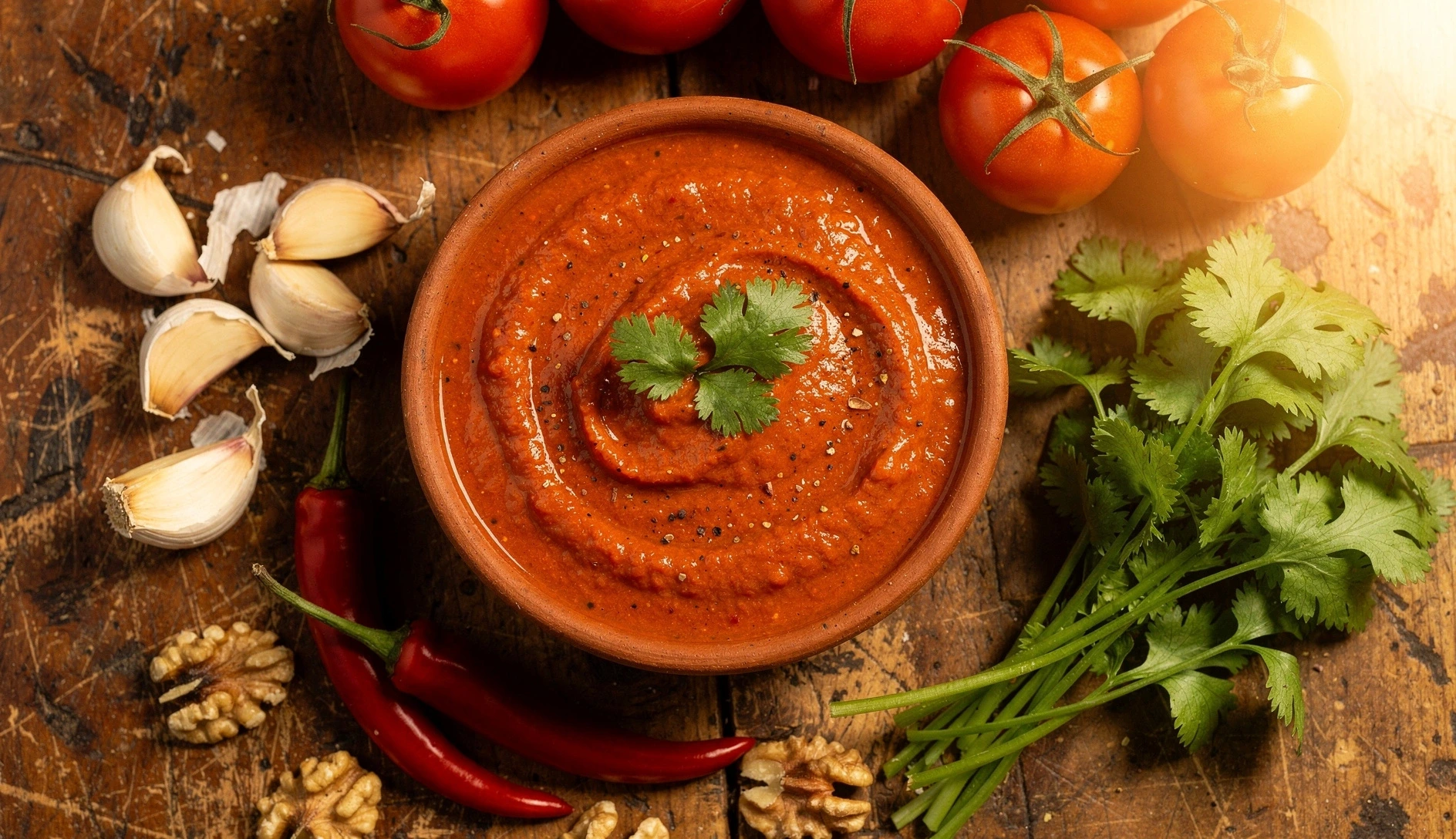 Overhead shot of Georgian satsebeli tomato sauce in a clay bowl surrounded by fresh tomatoes, garlic, walnuts, and cilantro on a wooden table