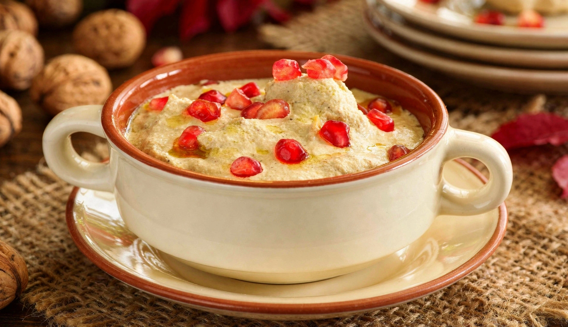 Georgian feast spread with traditional dishes on a wooden table