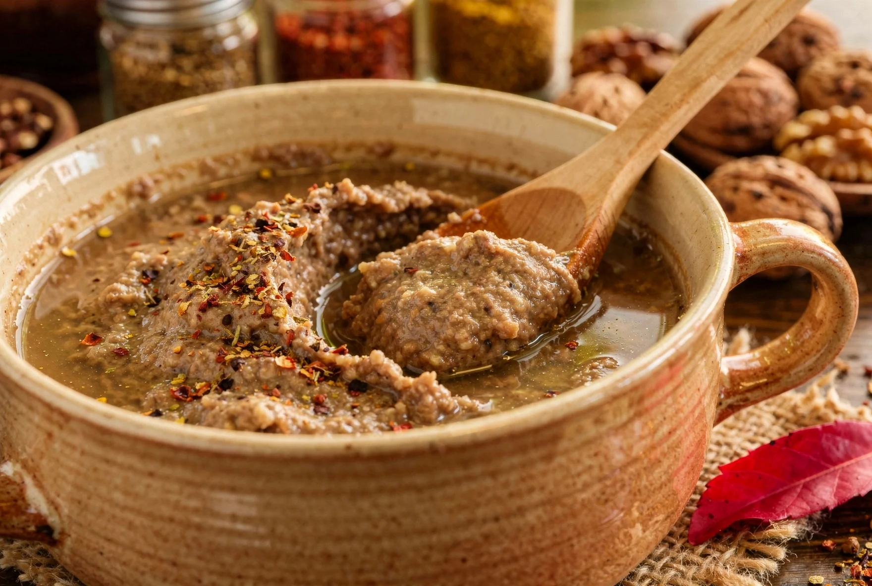 Georgian satsivi, chicken in creamy walnut sauce garnished with pomegranate seeds