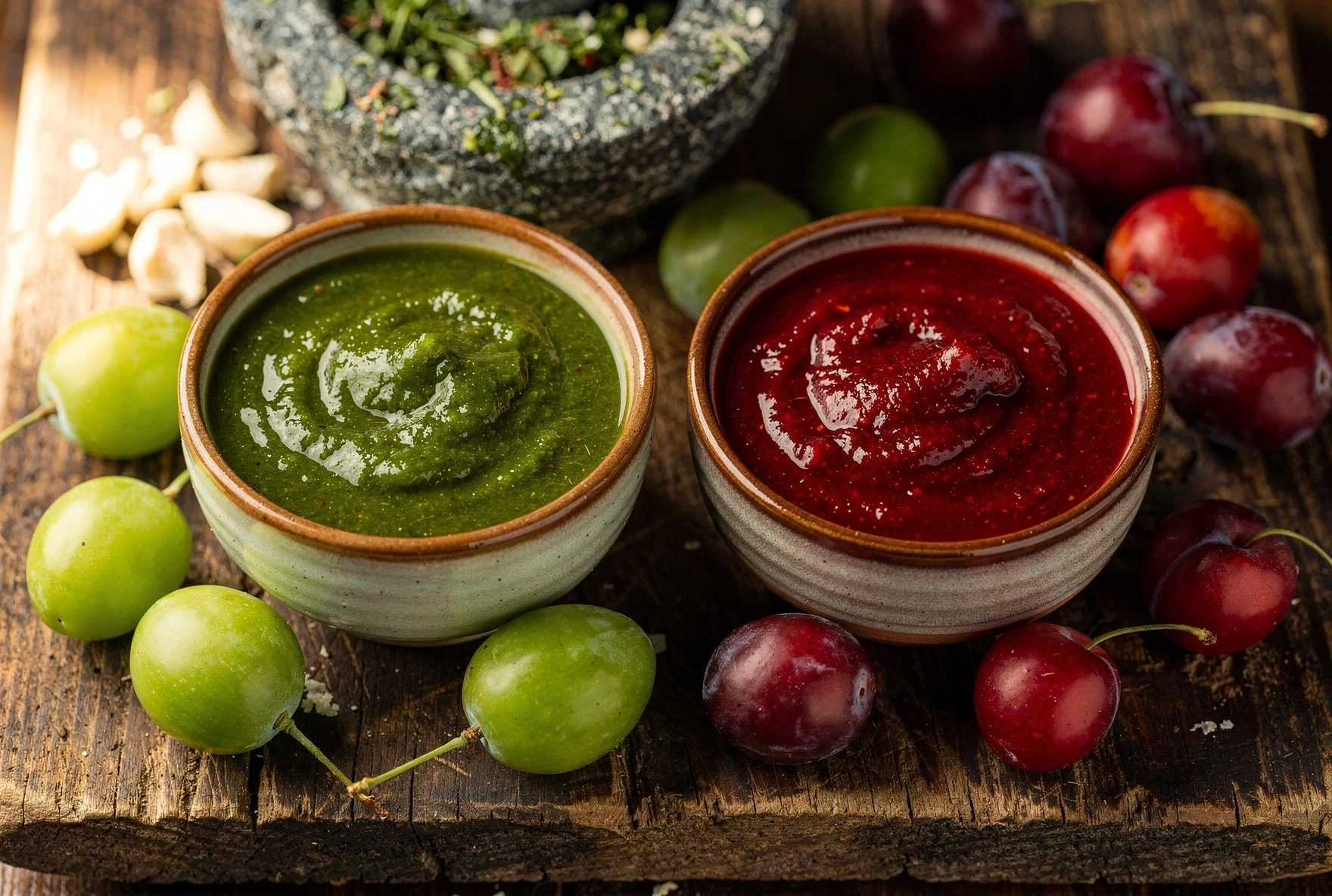 Green and red tkemali sour plum sauce in ceramic bowls with fresh cherry plums on a wooden cutting board