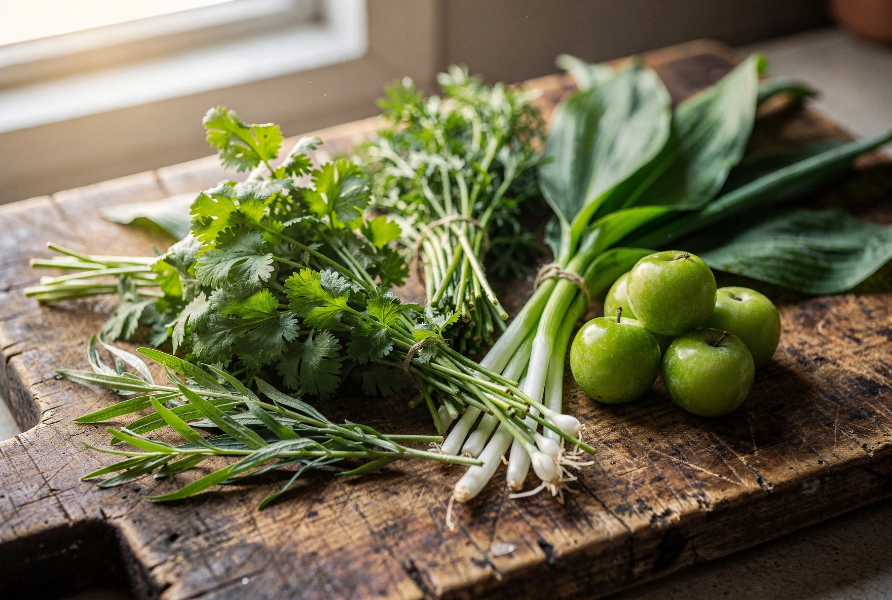 Fresh Georgian spring herbs including tarragon, cilantro, green onions, and green plums on a wooden cutting board
