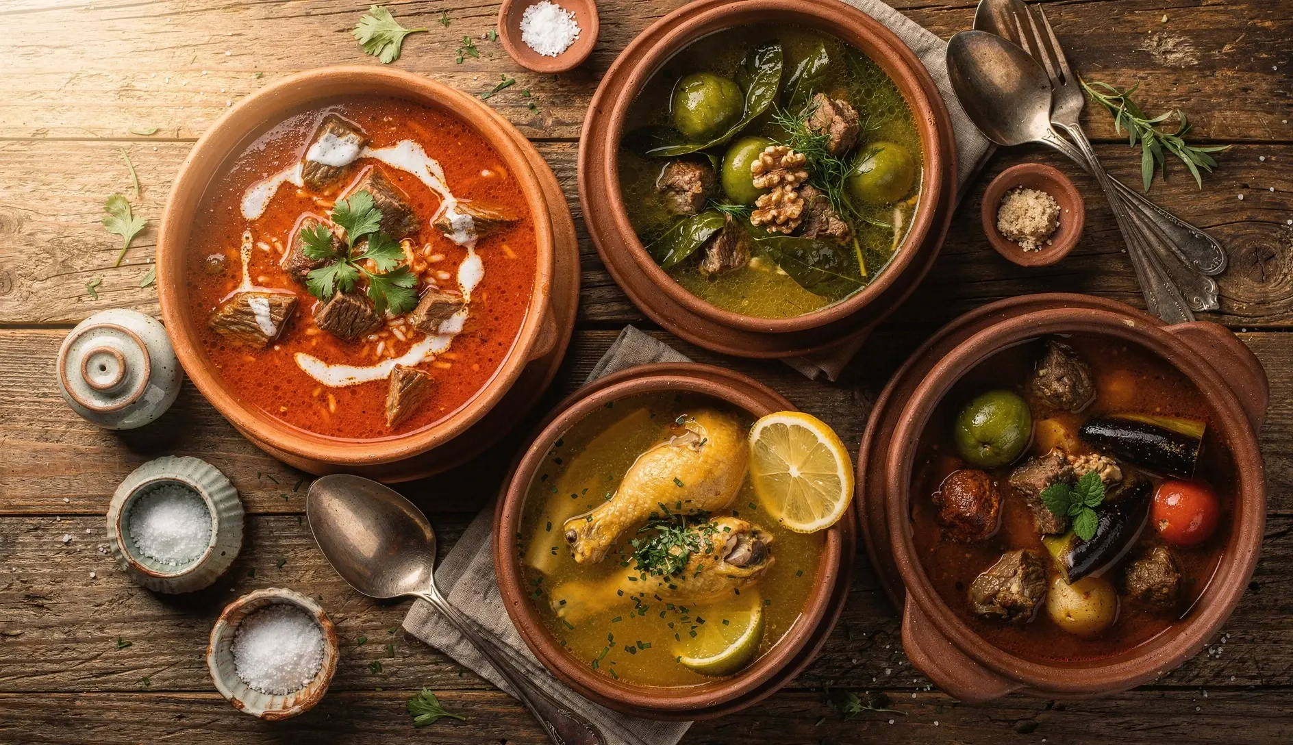 Overhead food photography of multiple Georgian soups and stews in traditional clay bowls on a rustic wooden table