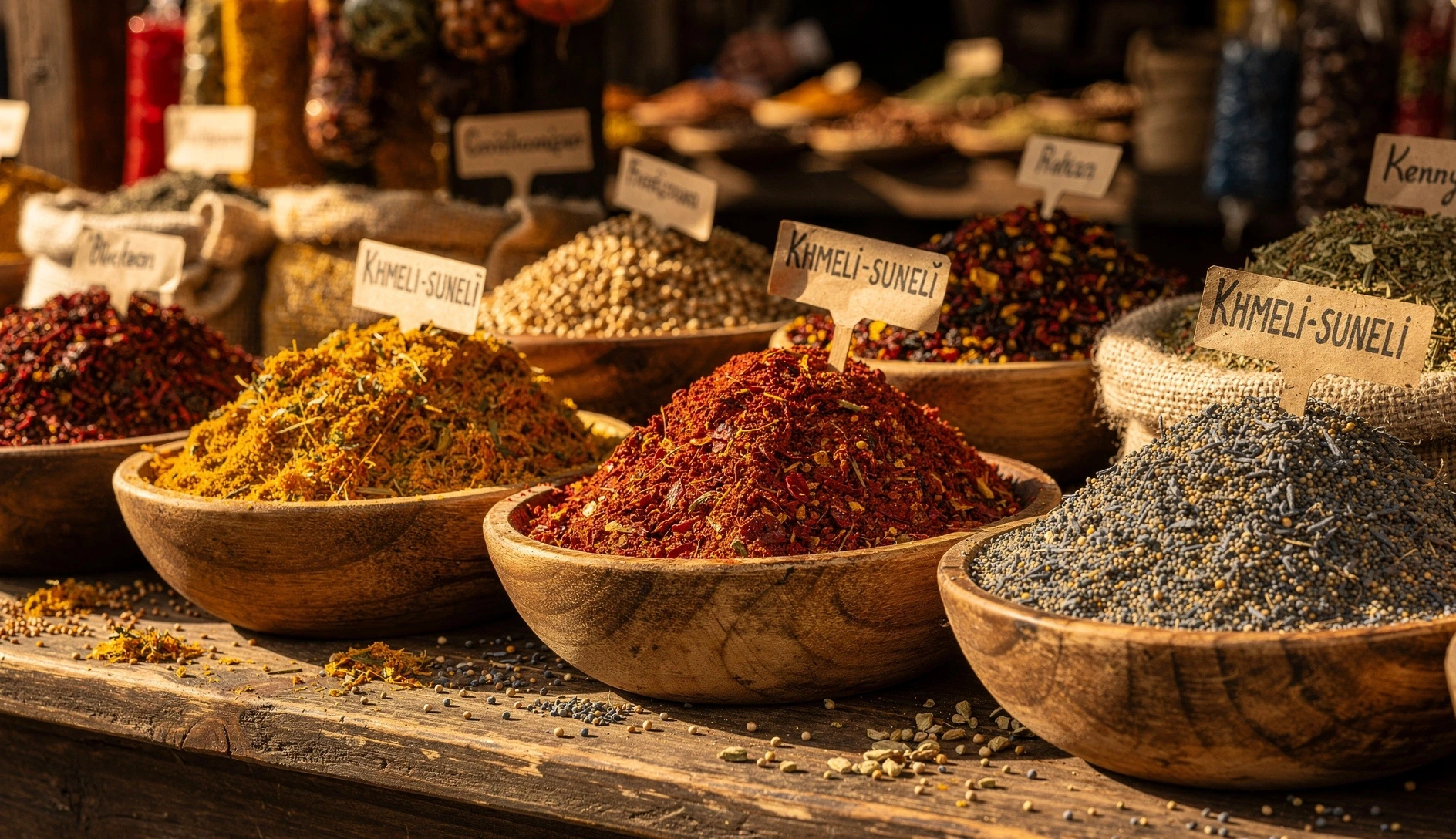 Overhead view of colorful Georgian spices in small ceramic bowls on a rustic wooden table