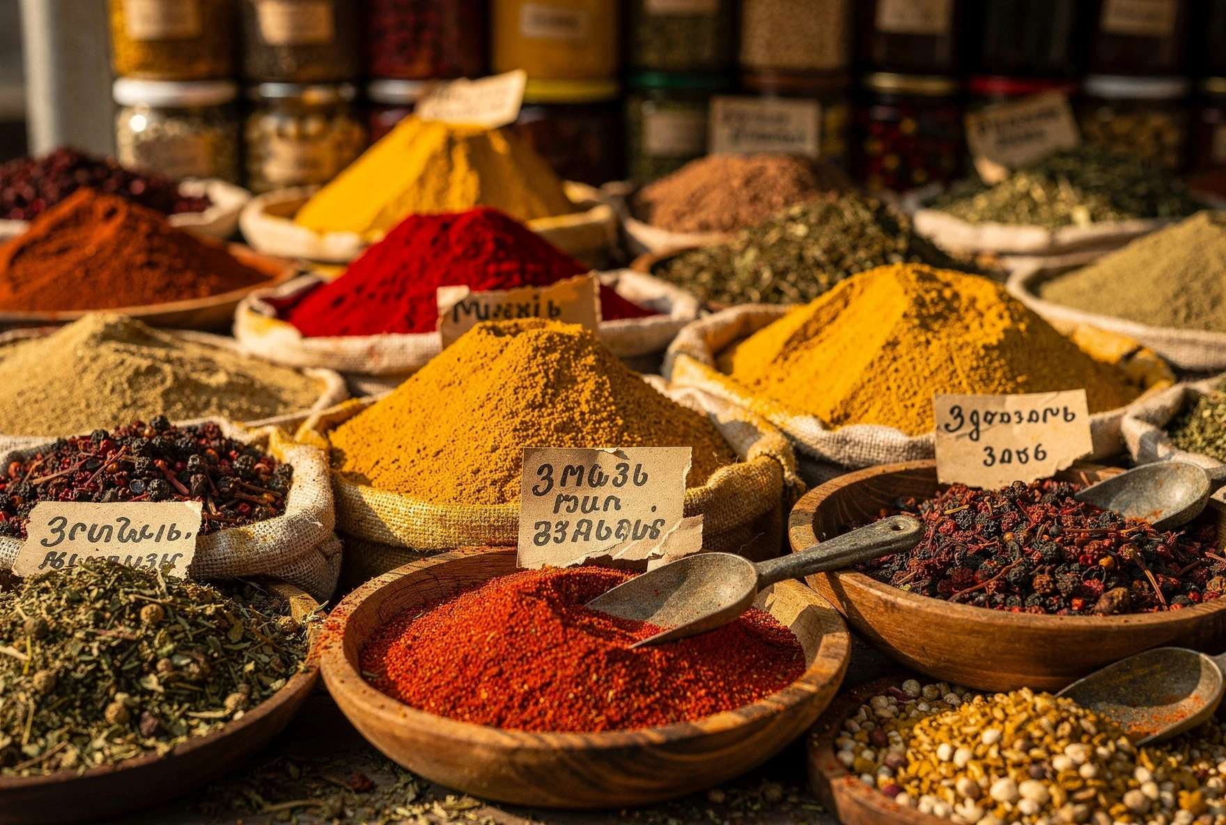 Georgian market spice stall with heaping piles of colorful dried spices
