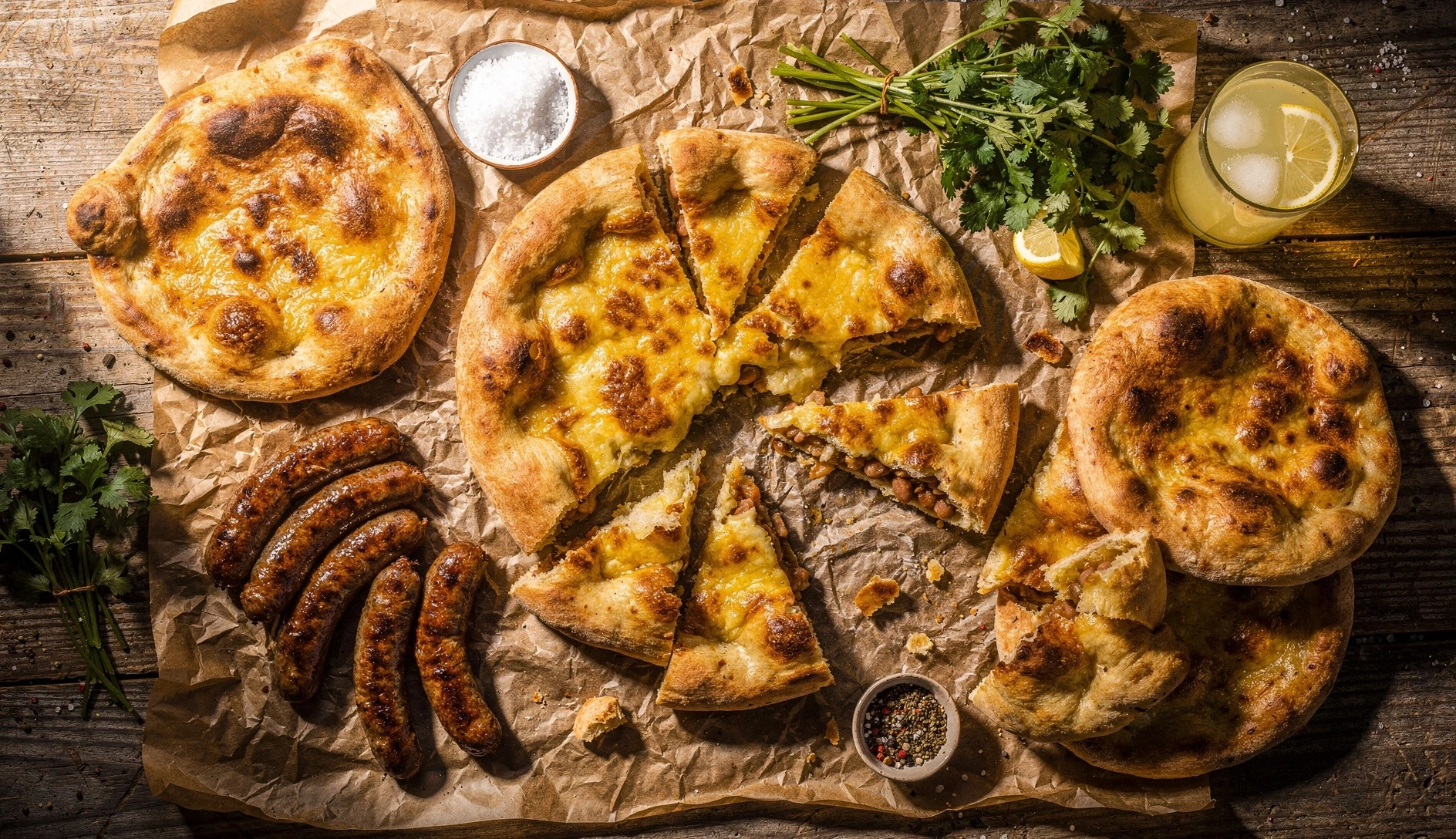 Overhead shot of Georgian street food spread with khachapuri, lobiani, kupati sausages, and fresh herbs on a wooden table
