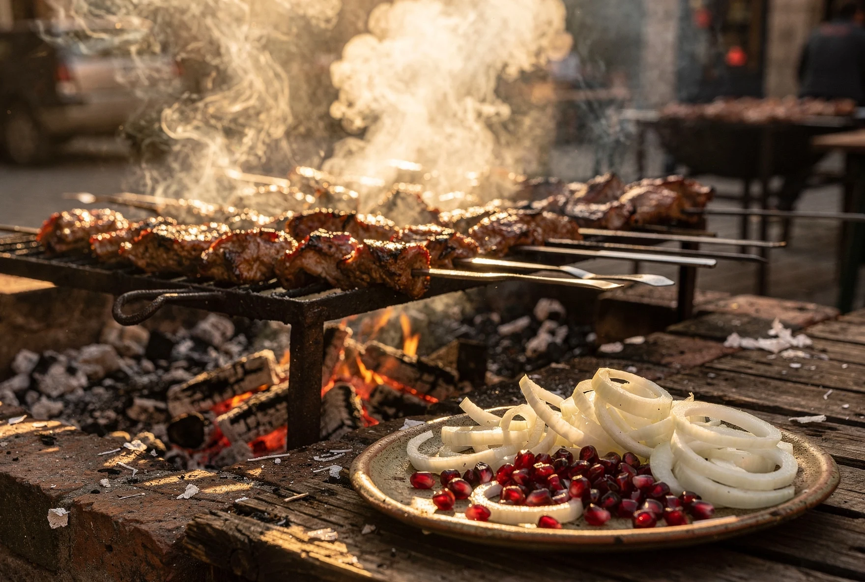 Georgian mtsvadi pork skewers grilling over charcoal with pomegranate seeds and onions