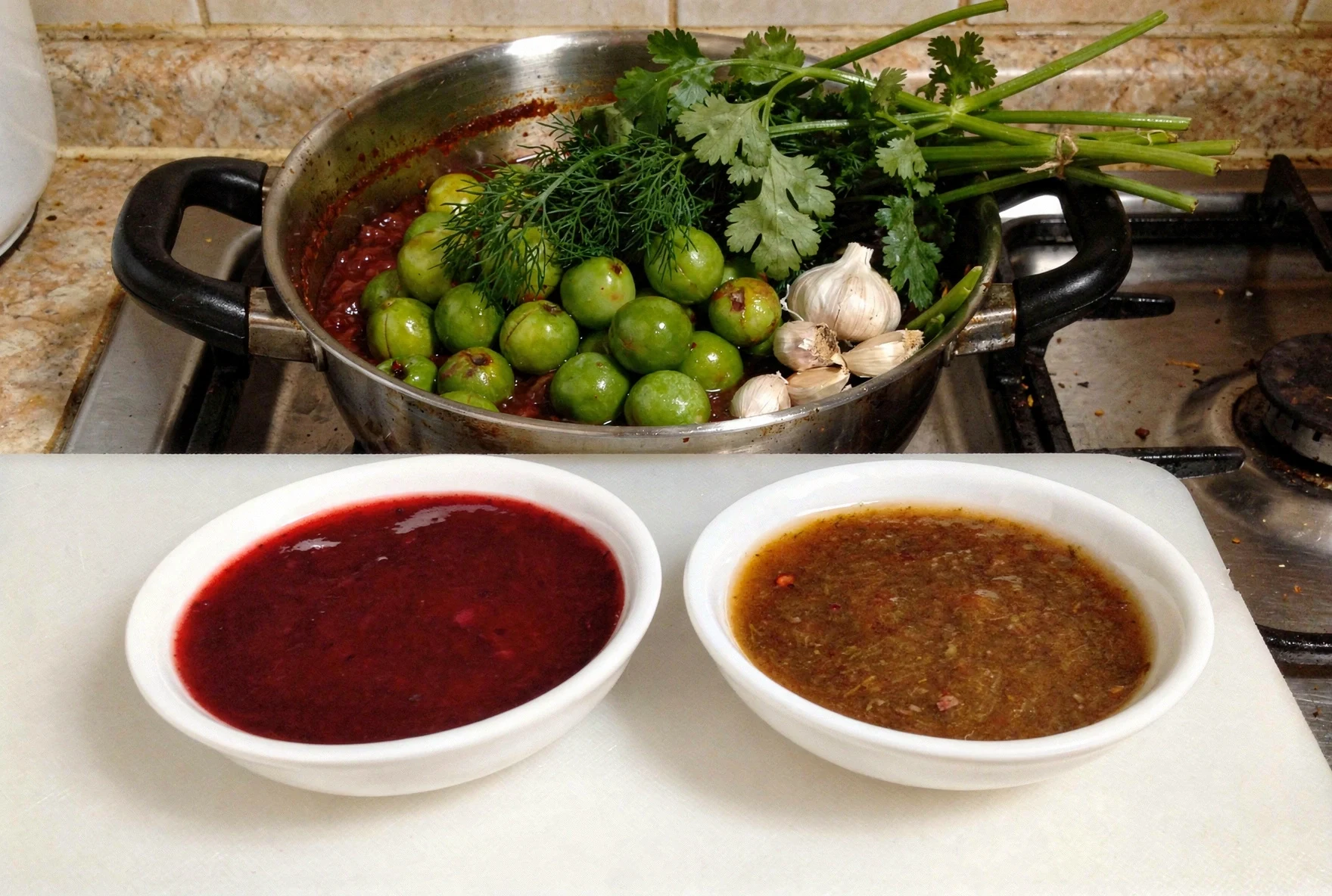 Green sour plums being pressed through a fine mesh sieve to make tkemali sauce