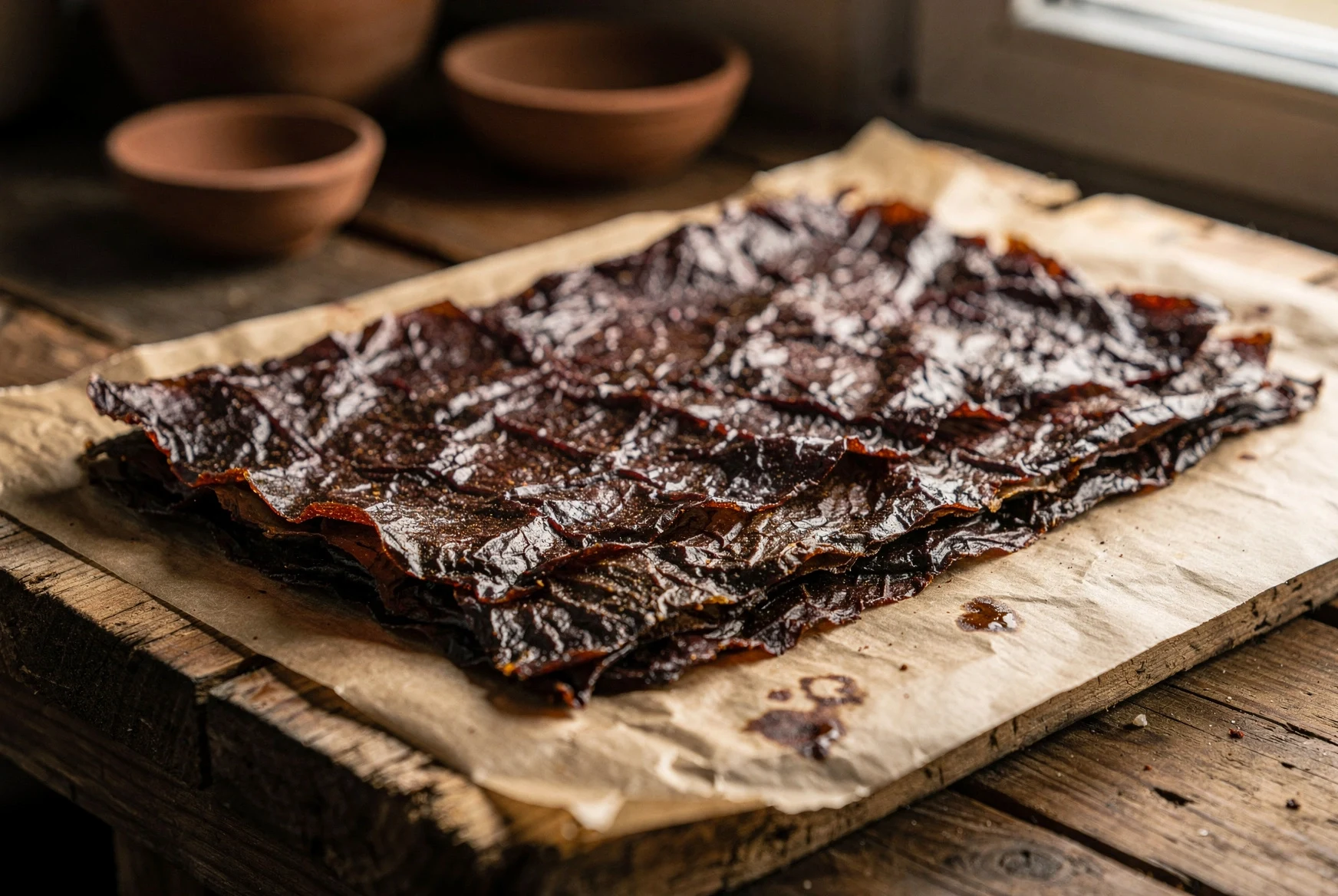 Thin sheets of Georgian tklapi drying on parchment over wooden boards
