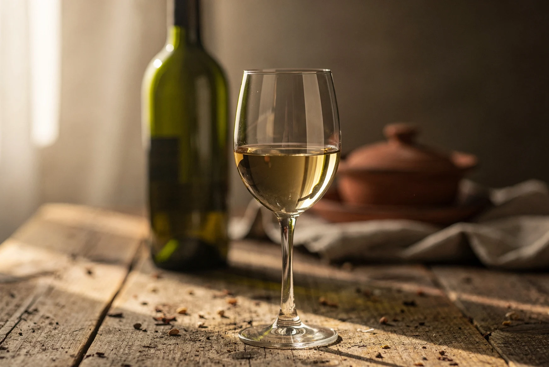 Glass of Georgian Tsinandali white wine on a rustic wooden table in soft vineyard light